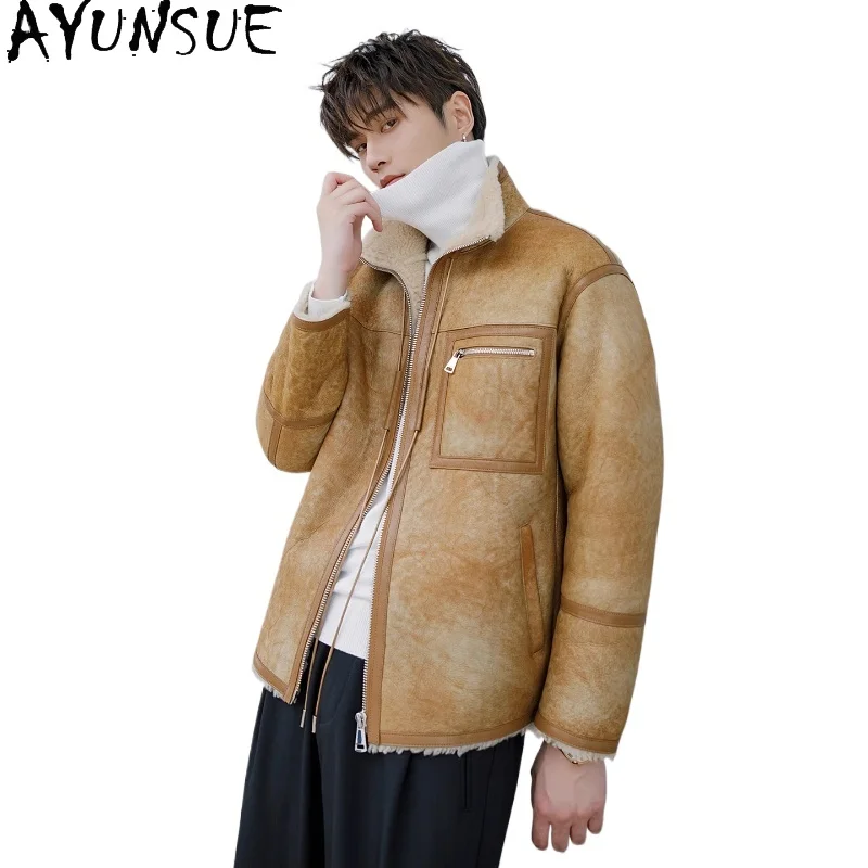 

AYUNSUE Original Merino Sheepskin Leather Fur Jacket Man Winter Natural Sheep Shearling Jackets Luxury Real Mens Fur Jacket Coat