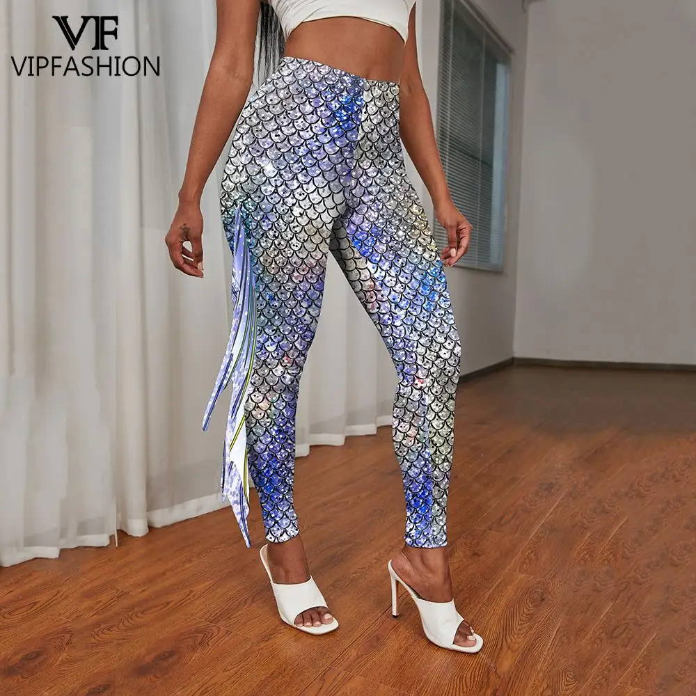 

VIP FASHION Women Fish Scale Print Leggings Galaxy Colorful Mermaid Pants Spring Autumn Slim Sexy Trousers Fancy Party Bottom