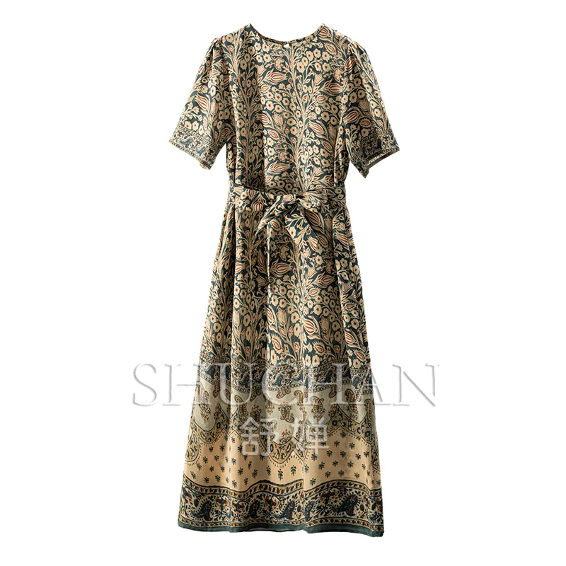 

Classical Beauty, Cabinet Retro Literature and Art 100 Silk Cashew Print A-word Dress Women 1Y64 Vestidos De Fiesta Pedreria
