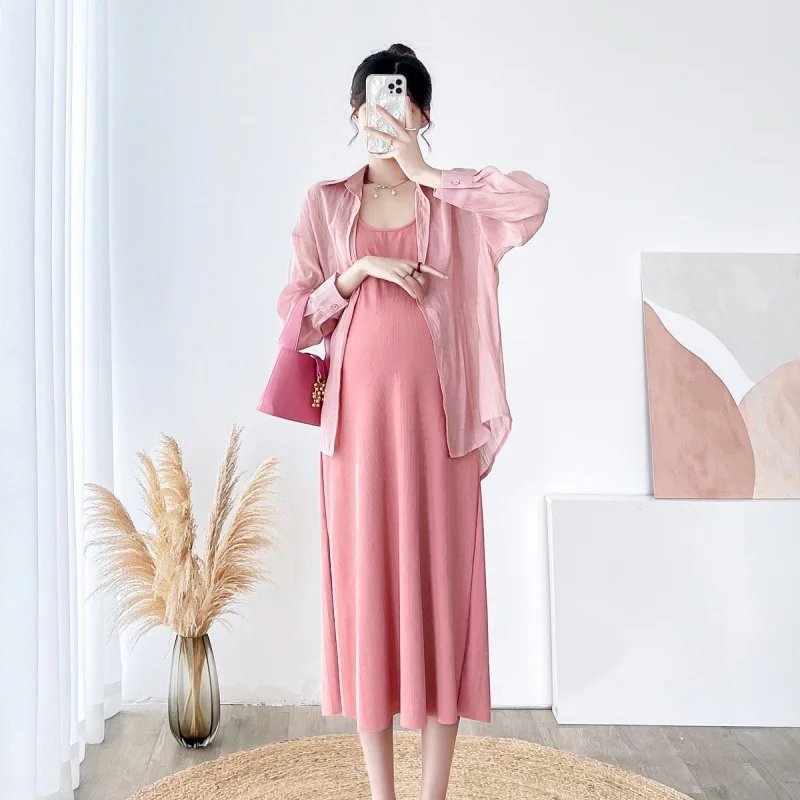 2pcs Maternity Dresses Autumn Set Casual Pregnancy Loose Shirt Sexy Slip Dress Suit For Pregnant Women Long Sleeve Cardigan Sets