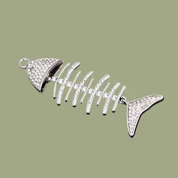 2pcs Silver Plated Handmade Rhinestones 3D Large Fish Skeleton Pendant DIY Charm Necklace Earrings Jewelry Crafts Making P991