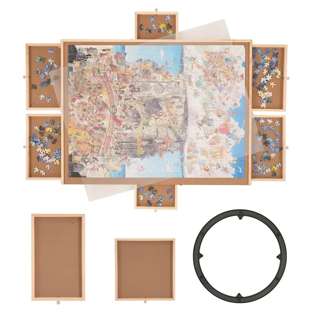 

Rotating Wooden Puzzle Board with 6 Drawers Cover 1500 Piece Jigsaw Puzzle Organizer Portable Storage System Gift for mom