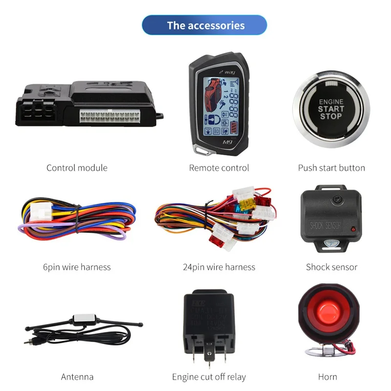 2 Way Car Alarm LCD Display Remote Start Push Button Shock Sensor Microwave Detection Warning Universal System With Siren