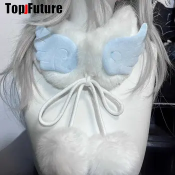 女性の毛皮のようなぬいぐるみフェイクファービーニーハット、エンジェルイヤーカラー、暖かい保護スカーフ、y2kパンク、原宿、ゴシック、キュート、ストリートウェア、冬