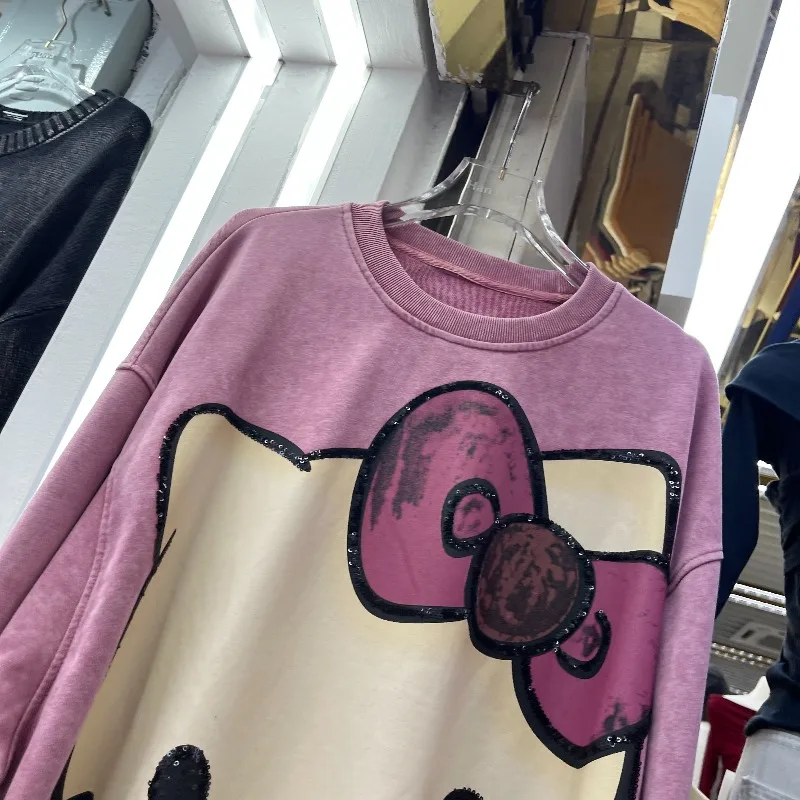 Autumn New Heavy Craft Versatile Cartoon Retro Distressed Style Sweatshirt Top Loose Mid-Length Oversized Jacket Sudaderas Mujer