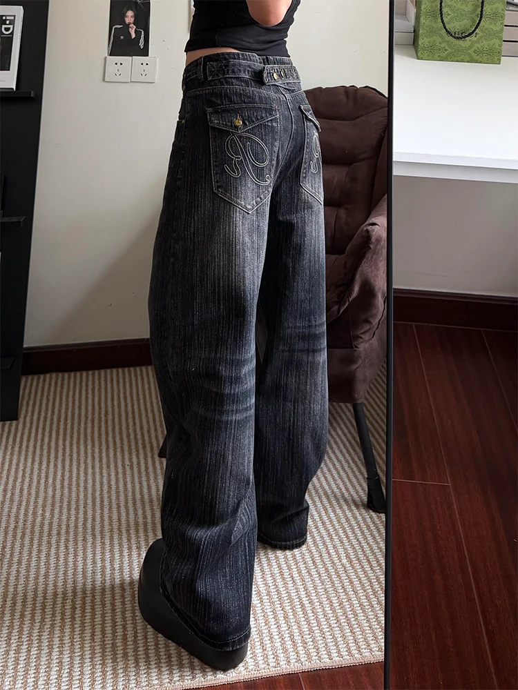 High Waist Wide Leg Jeans Women's Straight Cut Loose Slimming Jeans Paris Buckle Design Korean Style Faded Denim Fall New Arr...