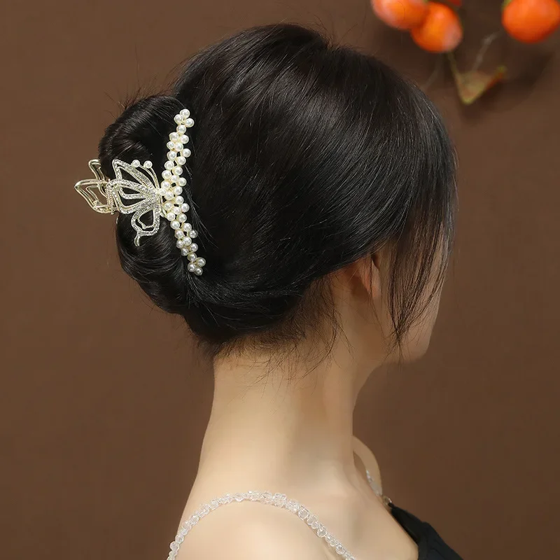 مشبك شعر لؤلؤي كامل على شكل زهرة، مشبك فراشة كريستالي عصري، مشبك سمك القرش المخصص الراقية، مقاس كبير