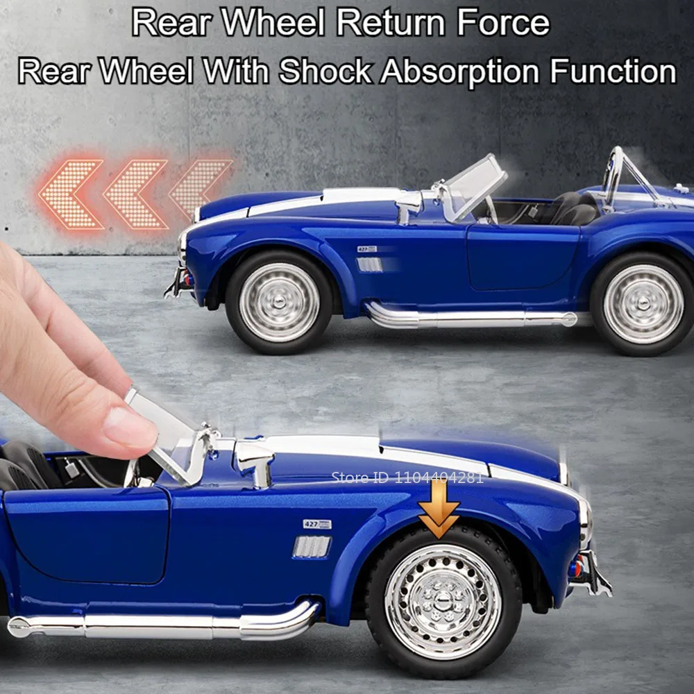 1:22 Shelby Cobra 427 Z4 Toys Sports Cars Models Pull Back Light Music Miniature Car Doors Opened Vehicle for Kid Festival Gifts