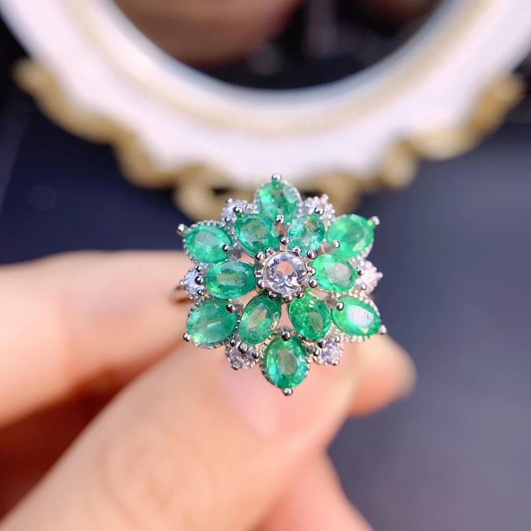 

Natural 3*4 Colombian Emerald Luxury Flower Ring S925 Sterling Silver Fashion Exquisite Wedding Glamour Jewelry for Women