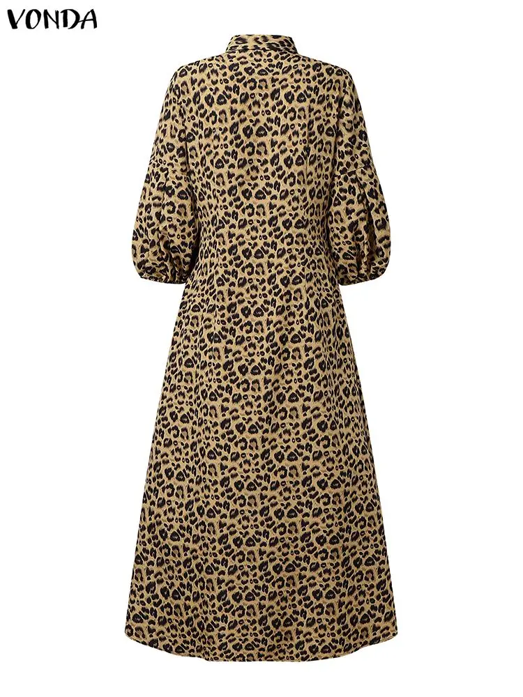 Plus Size 5XL VONDA Fashion Leopard Print Maxi Vestidos Women Autumn Lantern Sleeve Long Shirt Dress Pleated Elegant Party Robe
