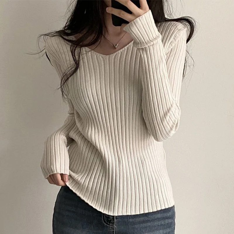 

Slim Fit Long Sve V-Ne Knitwear Color Base Layer Top Women's Faion Autumn Sle Commute Korean Version Knitted S...