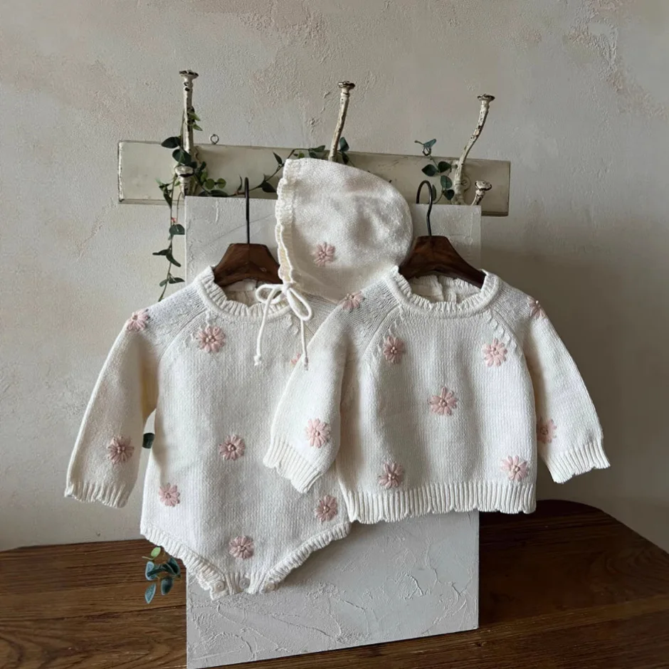 2025 Autumn New Girls Sweater Long Sleeve Baby Girl Cute Flower Knitted Tops Cotton Infant Toddler Casual Knitwear Children Coat