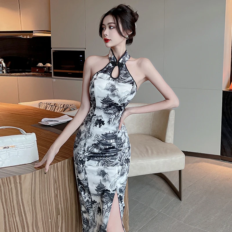 

Women Chinese Style Print Slim Cheongsam Retro Sleeveless Qipao Fashion Lady Korean Nightclub Bodycon Dress Vintage Vestidos