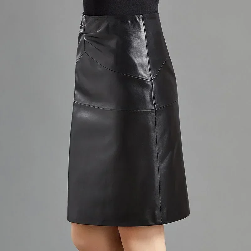 Vintage Black Matte Leather Women High Waist Skirt Splicing Midi Skirt Pleated Office Lady Knee Length PU Skirt Party Custom New