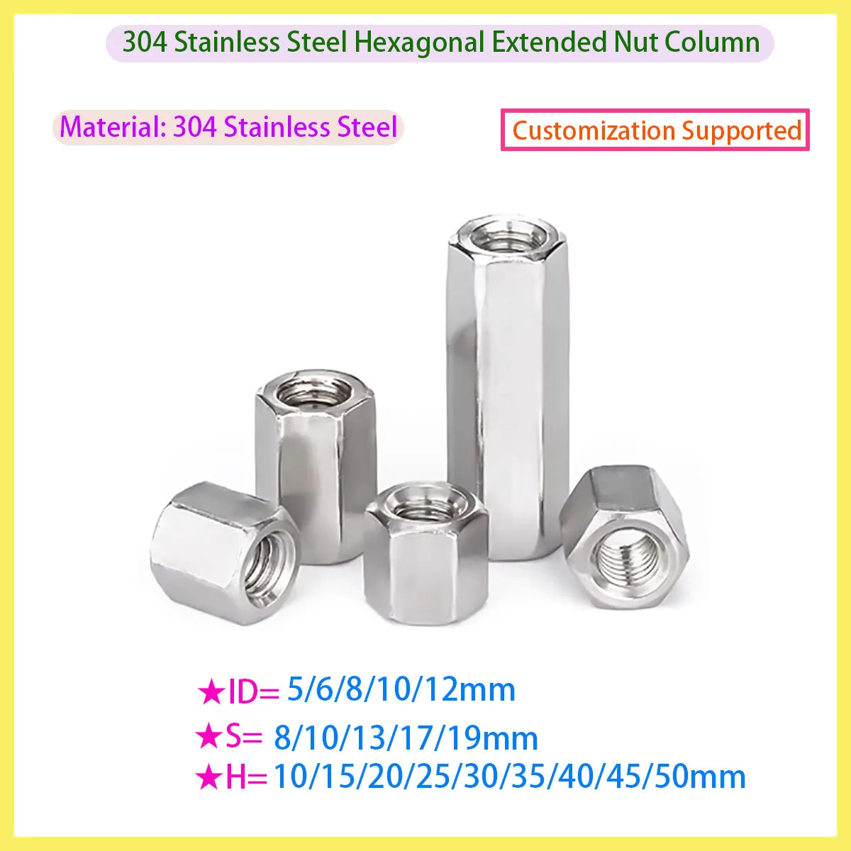 

304 Stainless Steel Hex Long Coupling Nuts Threaded Rod Stud Bar Connector Nuts M4-M8 for Industrial Fastening