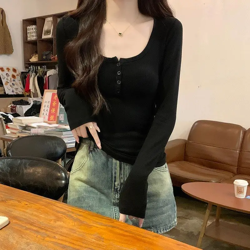 Black Long Sleeve T-Shirt Women's Autumn Winter New Style Commute Design Button up Base Shirt Elegant Top Half Open Collar