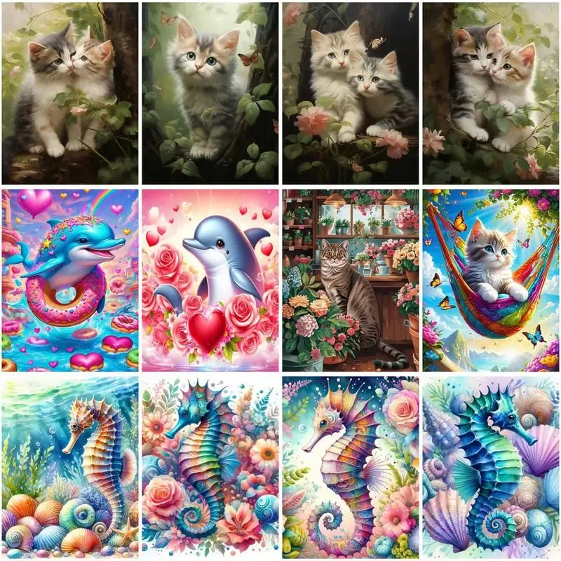 

CHENISTORY Diamond Art Painting Kitten, seahorse, dolphin Diamond Painting Animal Embroidery Cross Stitch For Kids Gift Decorati