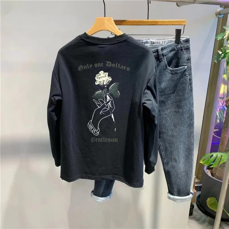 Extra Large 300 Pounds Rose Print Pure Cotton Men's T-shirt Spring Autumn Loose round Neck Base Shirt Long Sleeve Top