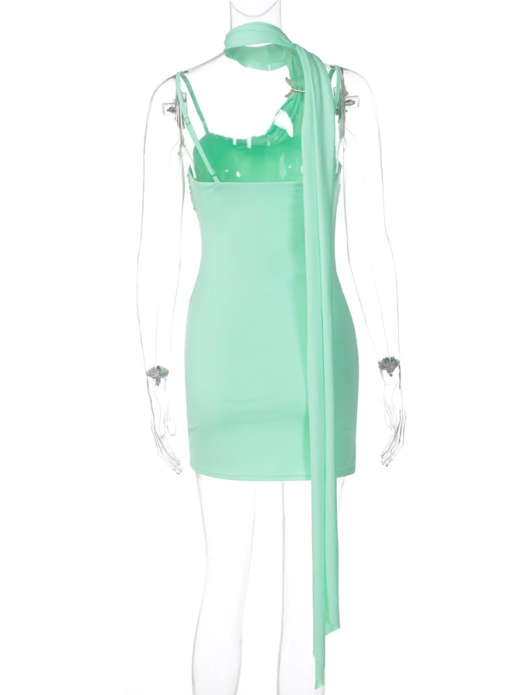 섹시한 밴디지 슬리브리스 주름진 휴가용 비치 드레스 여성용 스파게티 스트랩 백리스 하이웨이스트 슬림 숏 파티 드레스