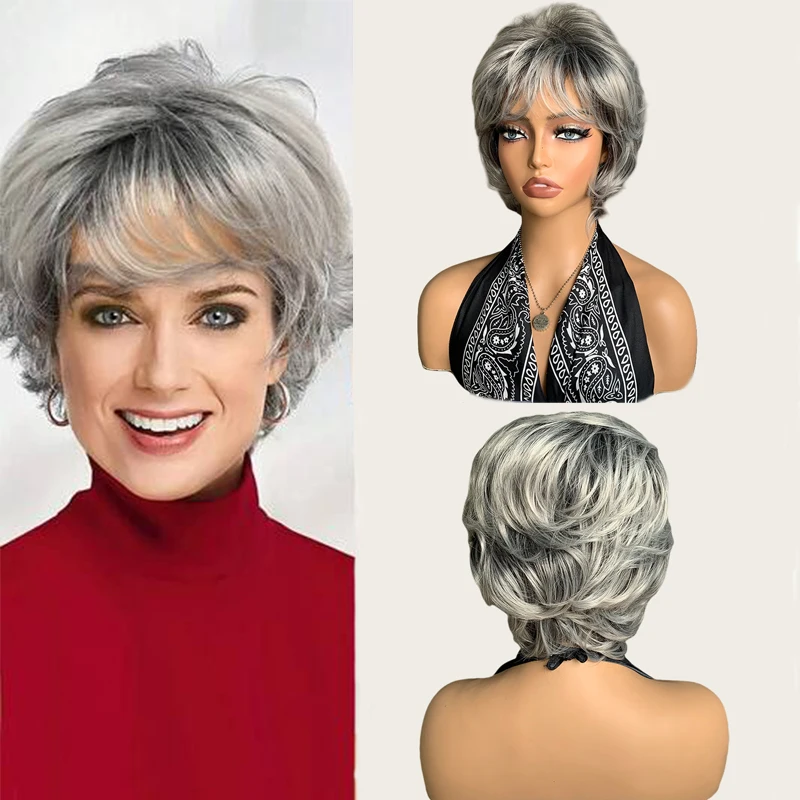 

Short Silver Grey Wig Ombre Gray Pixie Cut Wigs For Women Synthetic Curly Wavy Wig with Side Part BangsHeat Resistant Daily Wigs