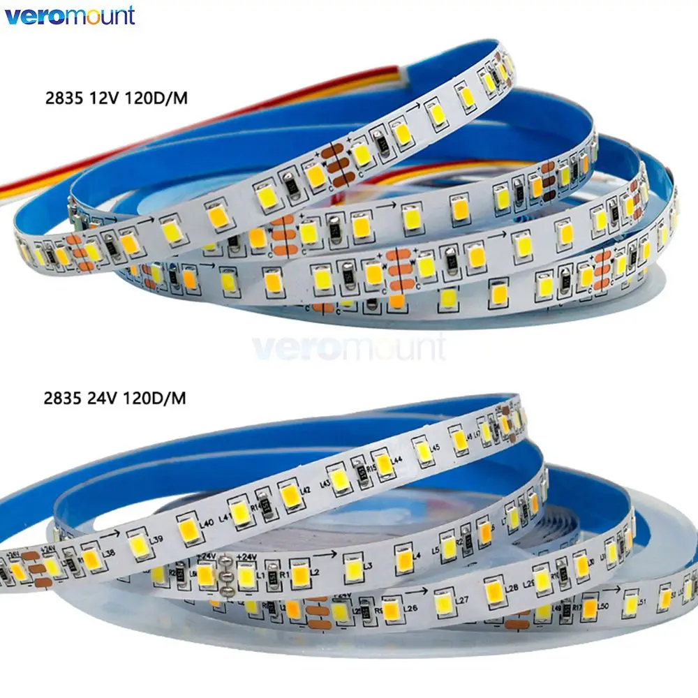 5m Dual Color SMD 2835 CCT Dimmable LED Strip Light 5V 12V 24V DC WW CW Color Temperature Adjustable Flexible LED Tape Ribbon