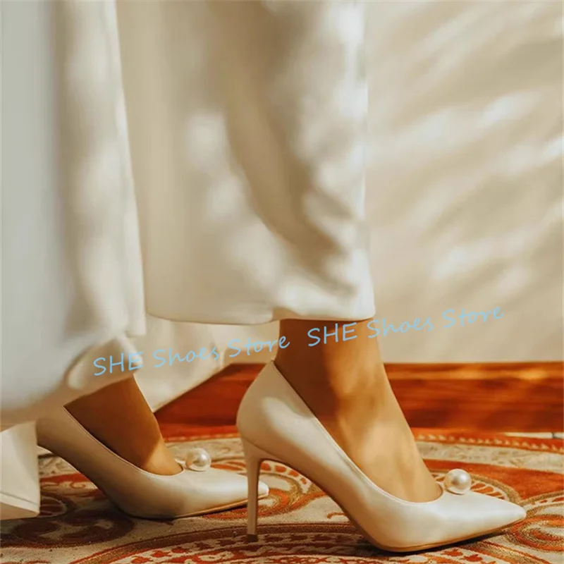 

Sexy Pearl Pointed Toe High Heel Women White Pumps Wedding Bride Dress Shoes Summer Breathable Shallow Slip-on Stiletto Sandals