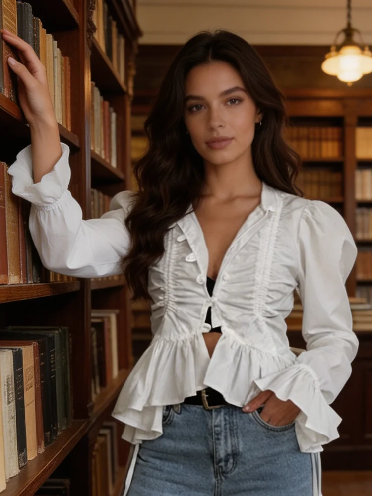 

Pleated Lantern Sleeves Solid Ruffle Irregular Hem Shirt Single Breasted Drawstring Cropped Blouse Versatile 2026Women's Shirts