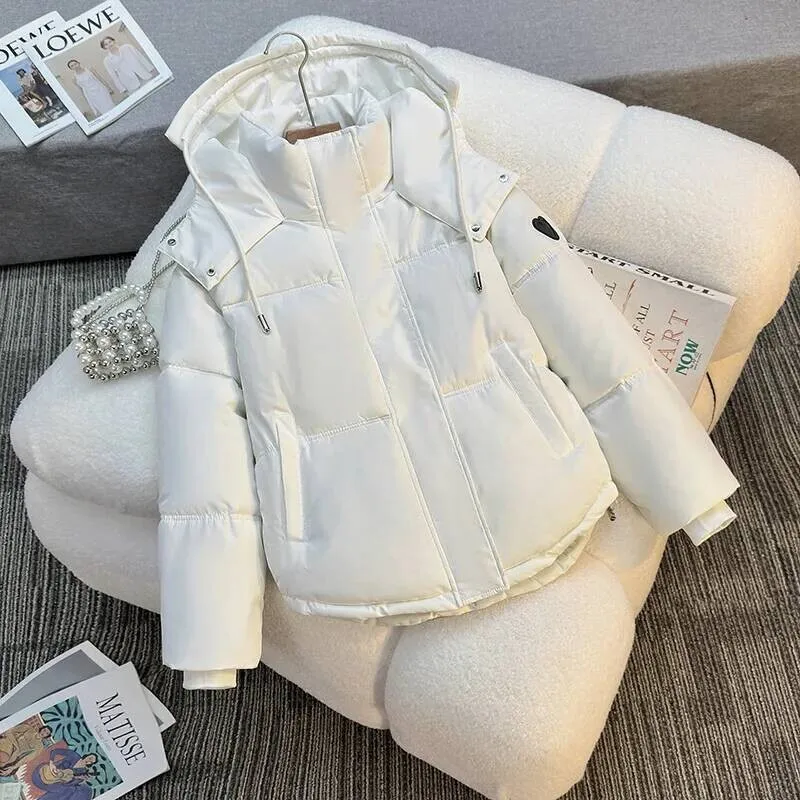 

New Women's Short Thickened Cotton Jacket Winter Warm Outerwear Hooded Bread Coat Urban Elegant Style Polyester Fabric