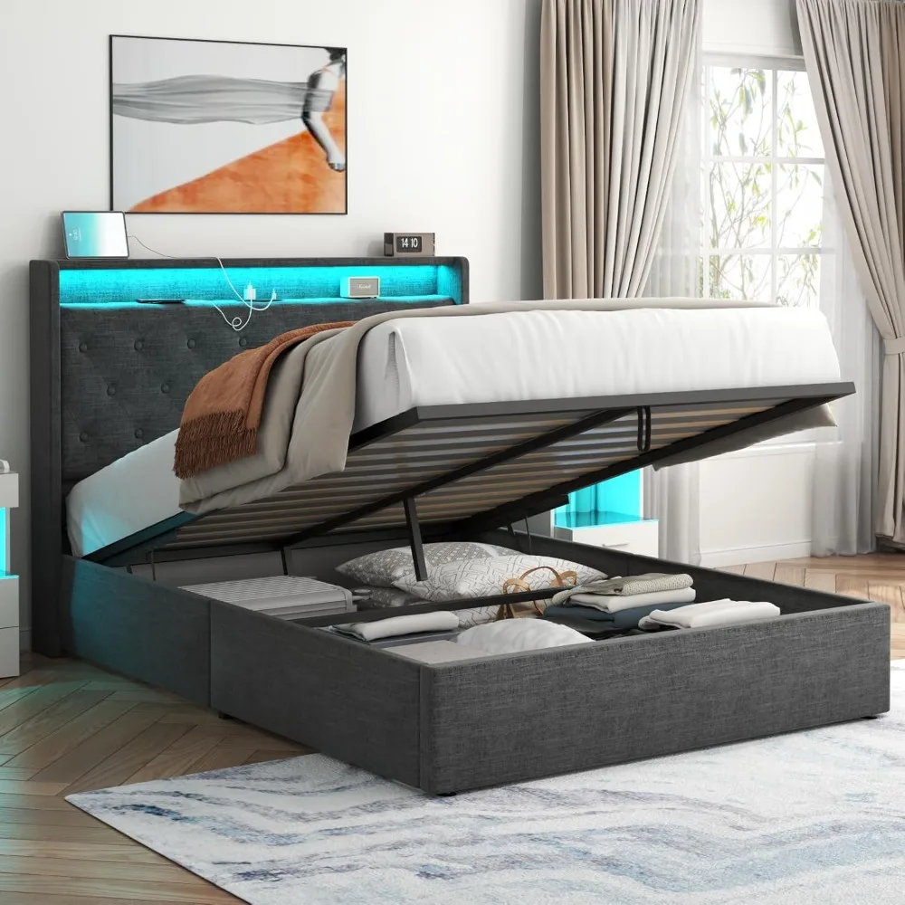 

Loomie Full Lift Up Bed Frame with Charging Station & LED Lights, Upholstered Bed with Button Tufted Wingback Storage Headboard,