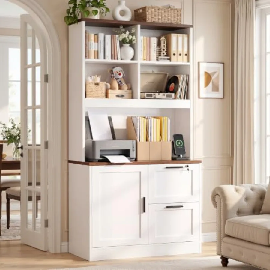 Vertical File Cabinet Bookcase with Printer Stand and Charging Station
