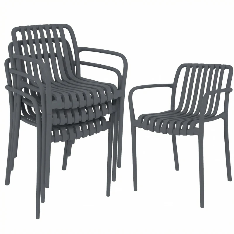 Un ensemble de 4 chaises de jardin empilables avec accoudoirs rayés, design ergonomique et couleur gris foncé.