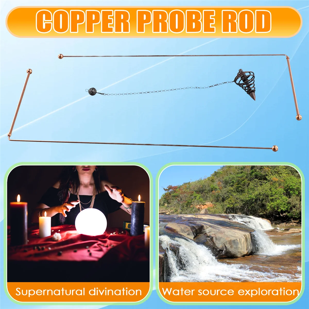 A93P Copper Dowsing Rods - 99.9% Pure Copper 2PCS Divining Rods Energy Water Witching Detector with Pendulum Pendant
