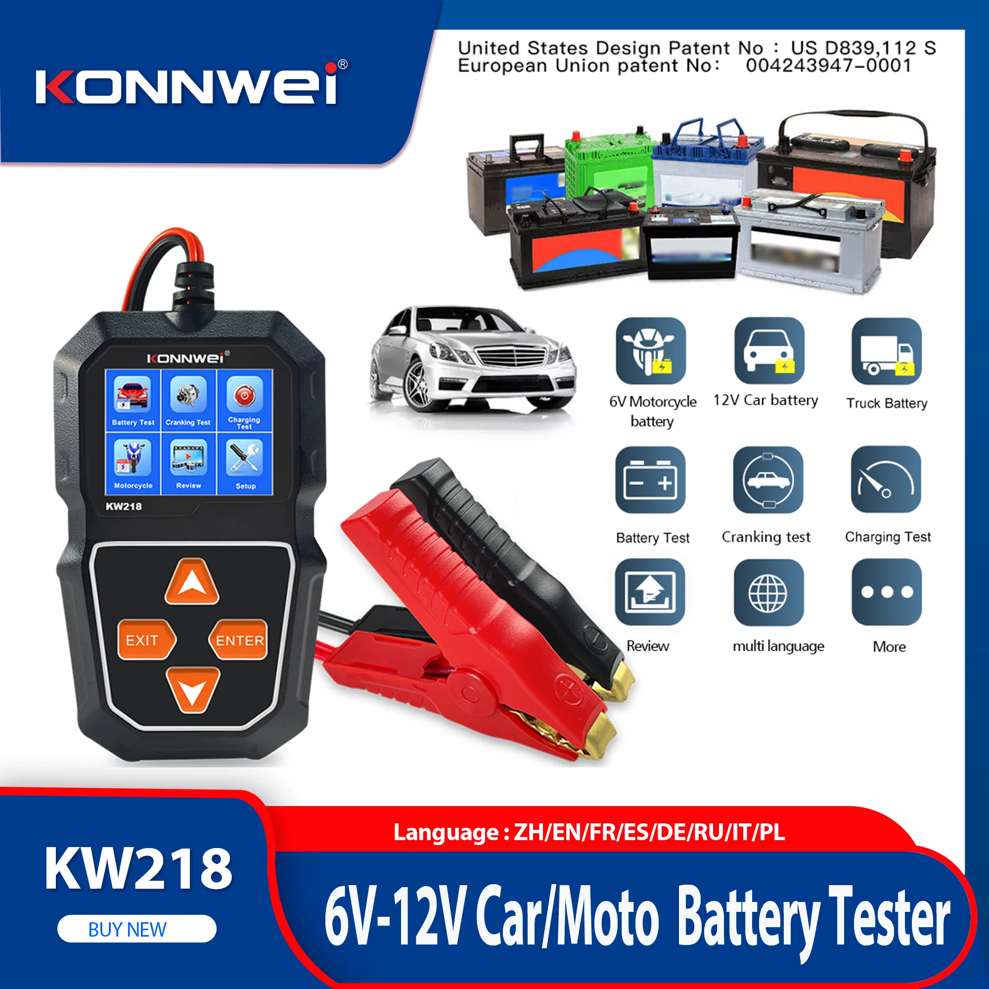 2026 New KONNWEI KW218 Car Motorcycle Battery Tester 12V 6V Battery System Analyzer 2000CCA Car Charging Cranking Test Tools