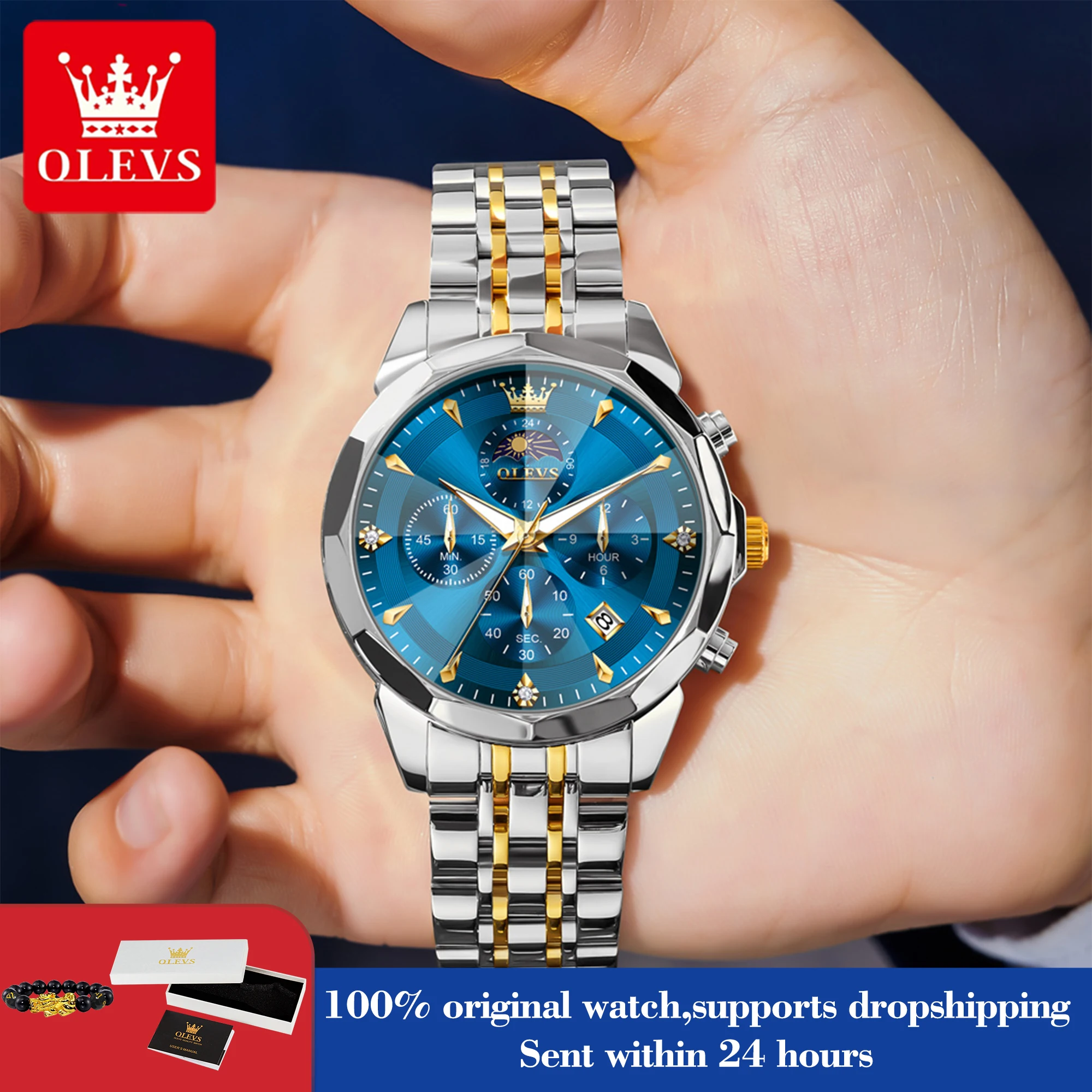 

OLEVS 3673 мужские часы модный хронограф кварцевые часы для мужчин 43 мм большой циферблат календарь фаз Луны водонепроницаемые оригинальные ручные часы
