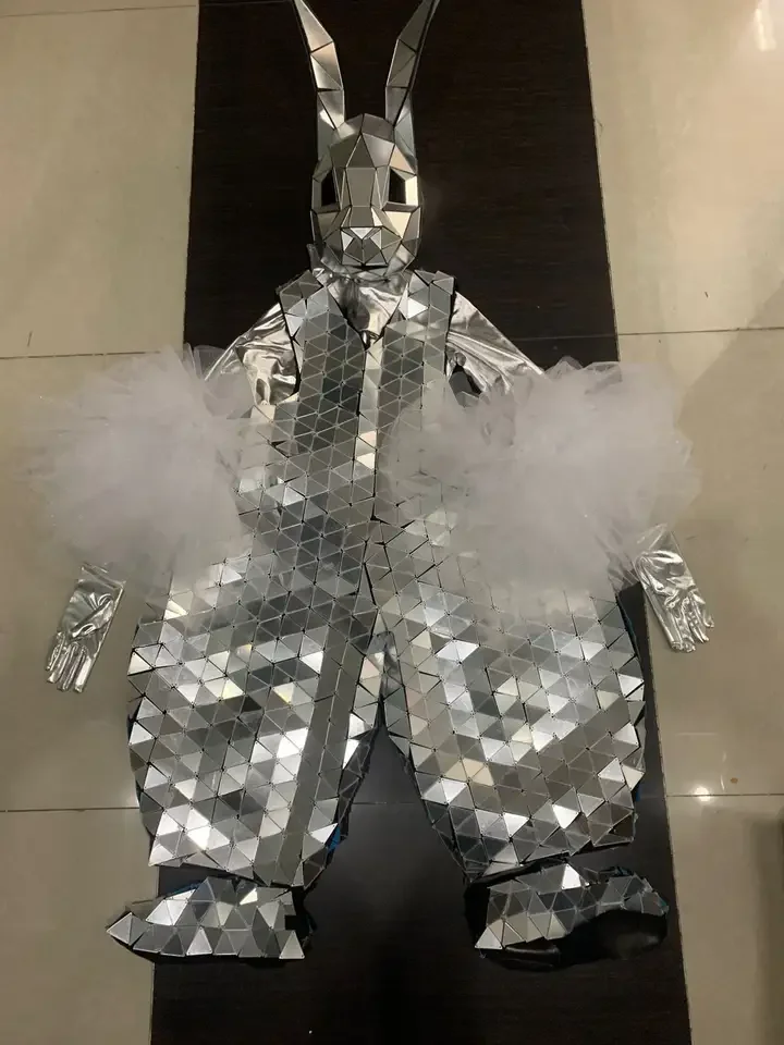 Festival Outfit Carnival Stage Pereformance Rabbit Mirror Women Costume Gold Cosplay Jumpsuit Adult Party Rave Show Men Outfits