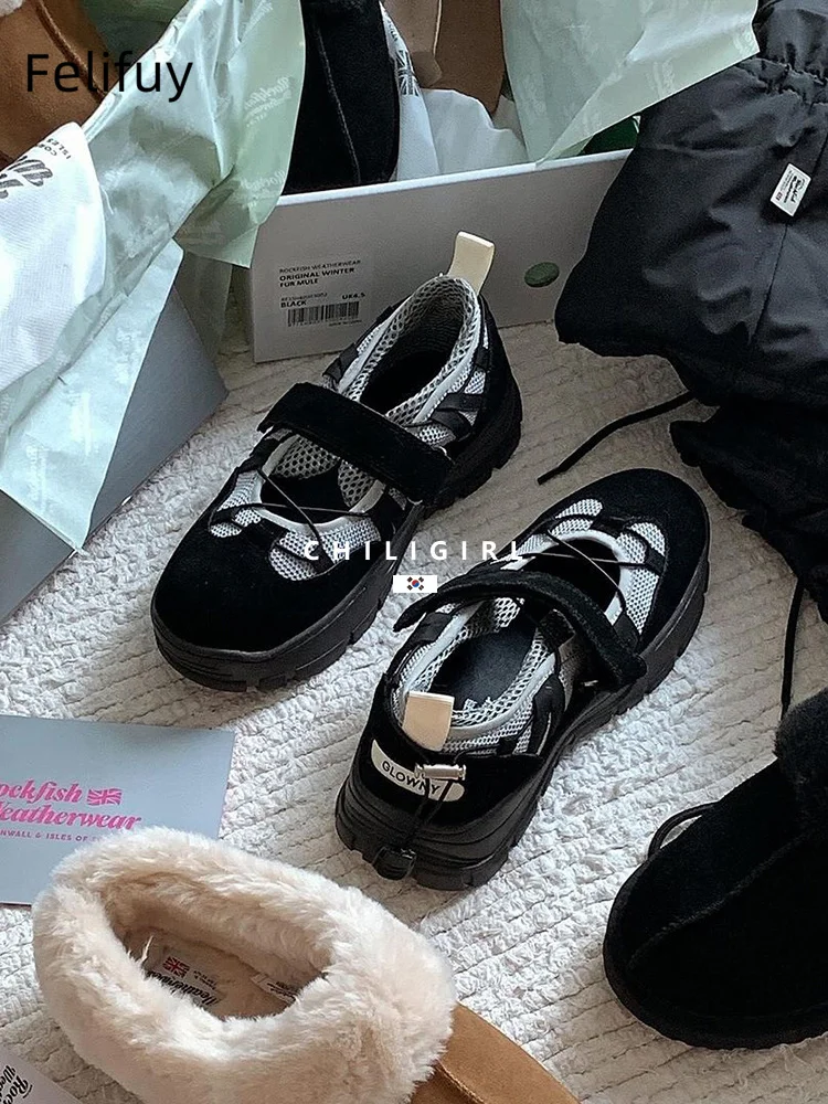 

Mixed Color Suede Mary Jane Sneakers Women Chunky Platform Hook&loop Sport Shoes 2025 New Casual Ballet Shoes Female