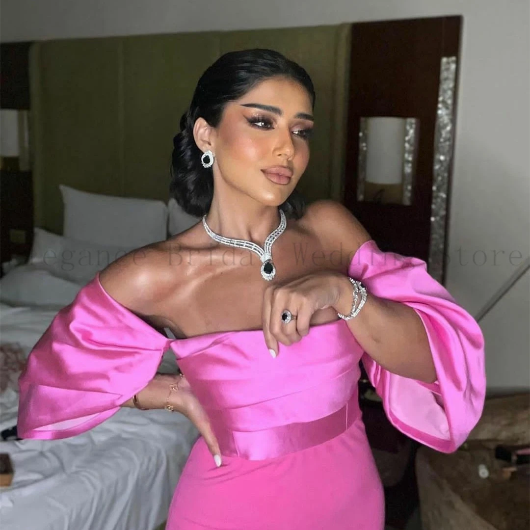 Saudi Style Fuchsia Satin Prom Dresses with Puffy Sleeve Boat Neck Sheath Celebrity Gala Dress for Women Backless فساتين السهرة