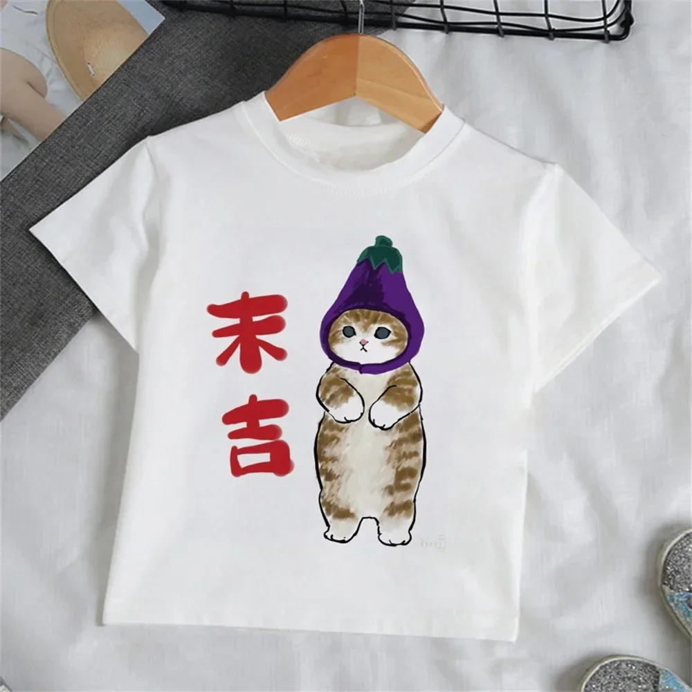 Kid Short Sleeve T Shirt Cute Tabby Cat With Eggplant Hat Japanese Lucky Text Print Cartoon Graphic Casual Boys Girls Summer Top