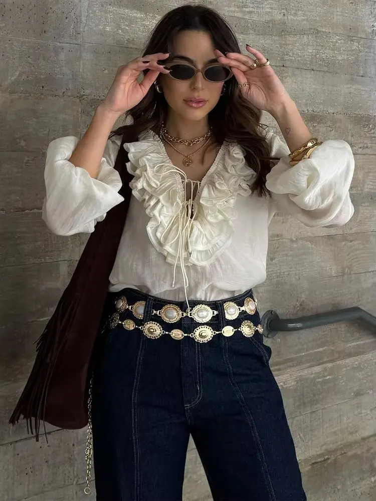 

HH 2025 New Fashion Women Ruffled Blouses Translucent Thin Lace Up Shirt Elegant Butterfly Pleated Long Sleeve Shirts Tops