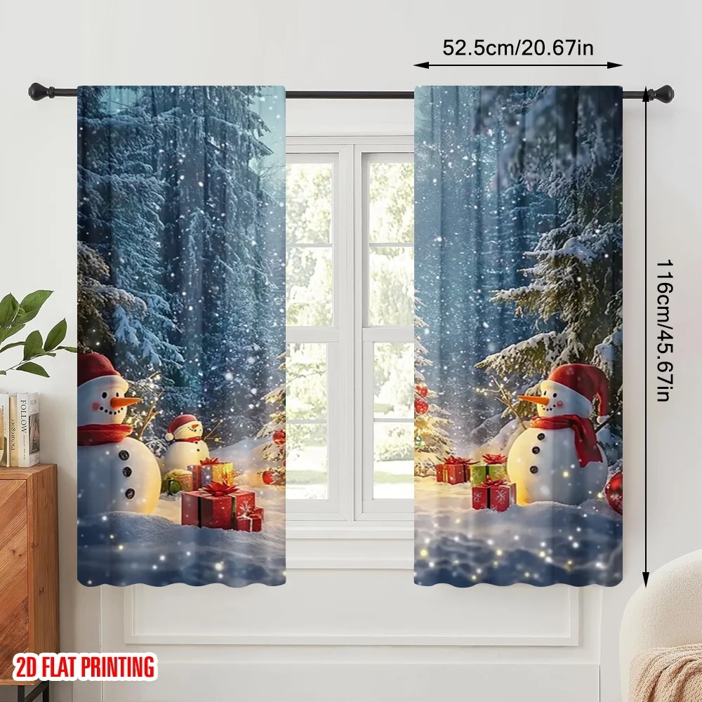 2pcs,2D plane printing Pattern Curtains Winter Snowman Christmas Tree Gifts_b Versatile Durable Polyester (without rod)