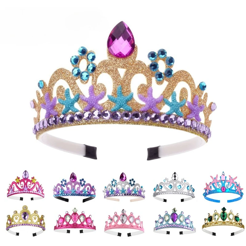Marine Element Crystal Mermaid Tiara Head Hoop Aquamarine & Starfish Craft for Masquerade Seaside Birthday Party Hair Accessory