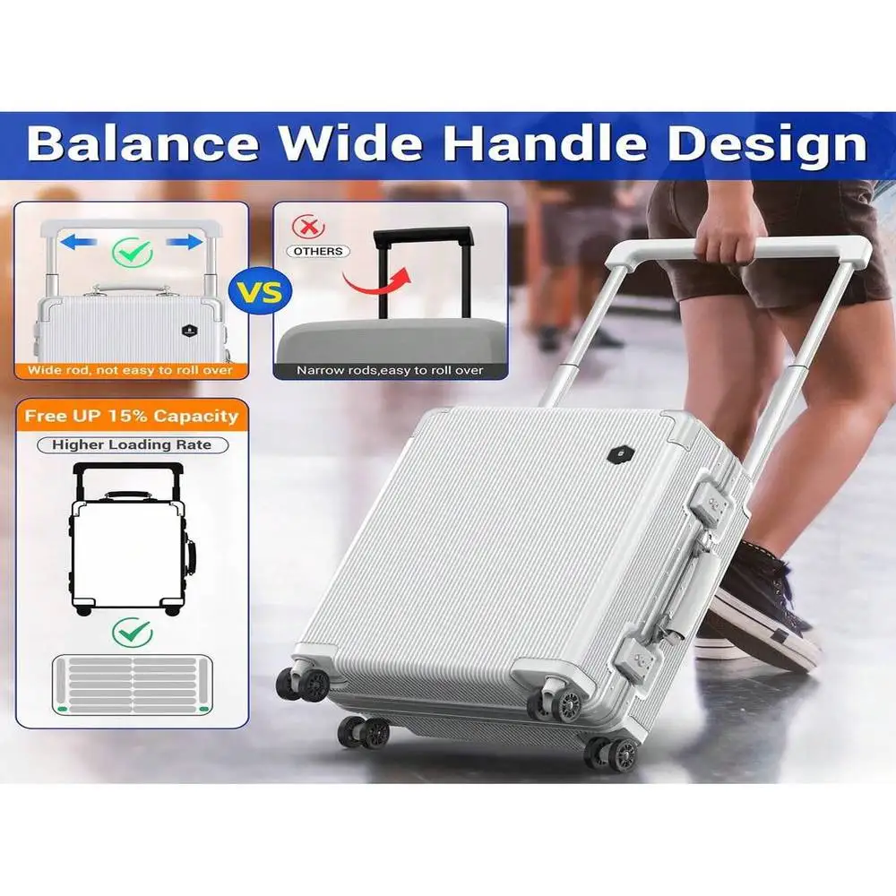 20 Inch Carry On - Wide Handle Aluminum Frame Hardshell Silent Spinner Wheels For Short Getaways