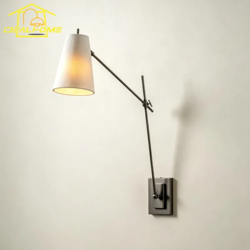 Medieval Rocker Arm Fabric Art Decorative Wall Lamp Adjustable American Retro Bedside Wall Mounted Bedroom Reading Background