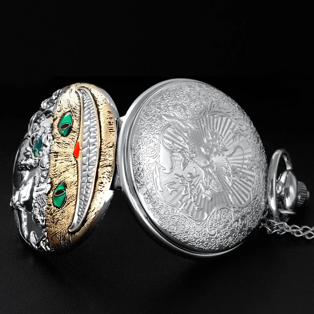 Silver Cute funny Cat design Retro Time Gemstone Quartz Pocket Watch Fashion Pendant Necklace for Men, Women and Children Gift