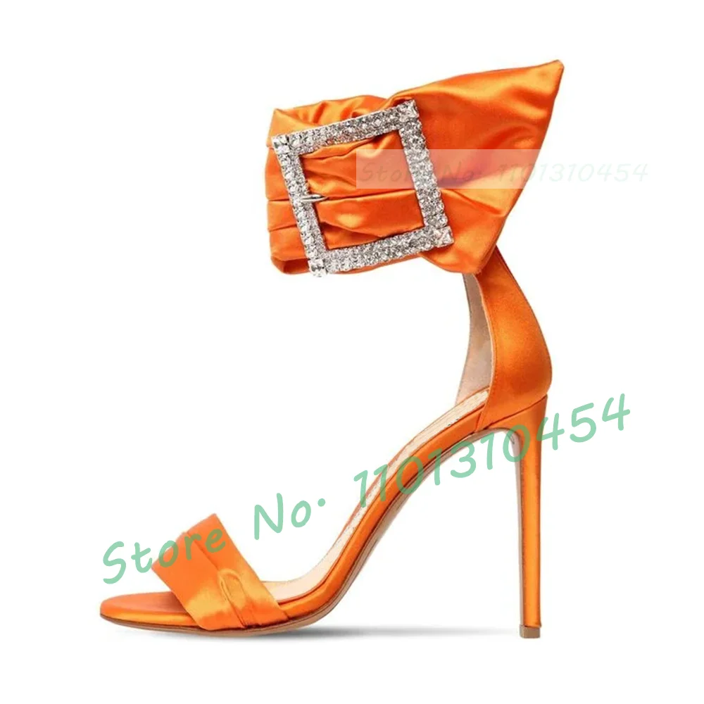 Gems Buckled Silk Heeled Sandals For Women Fashion High Stiletto Heels Yellow Shoes Ladies Summer Luxury Open Toe Satin Sandals