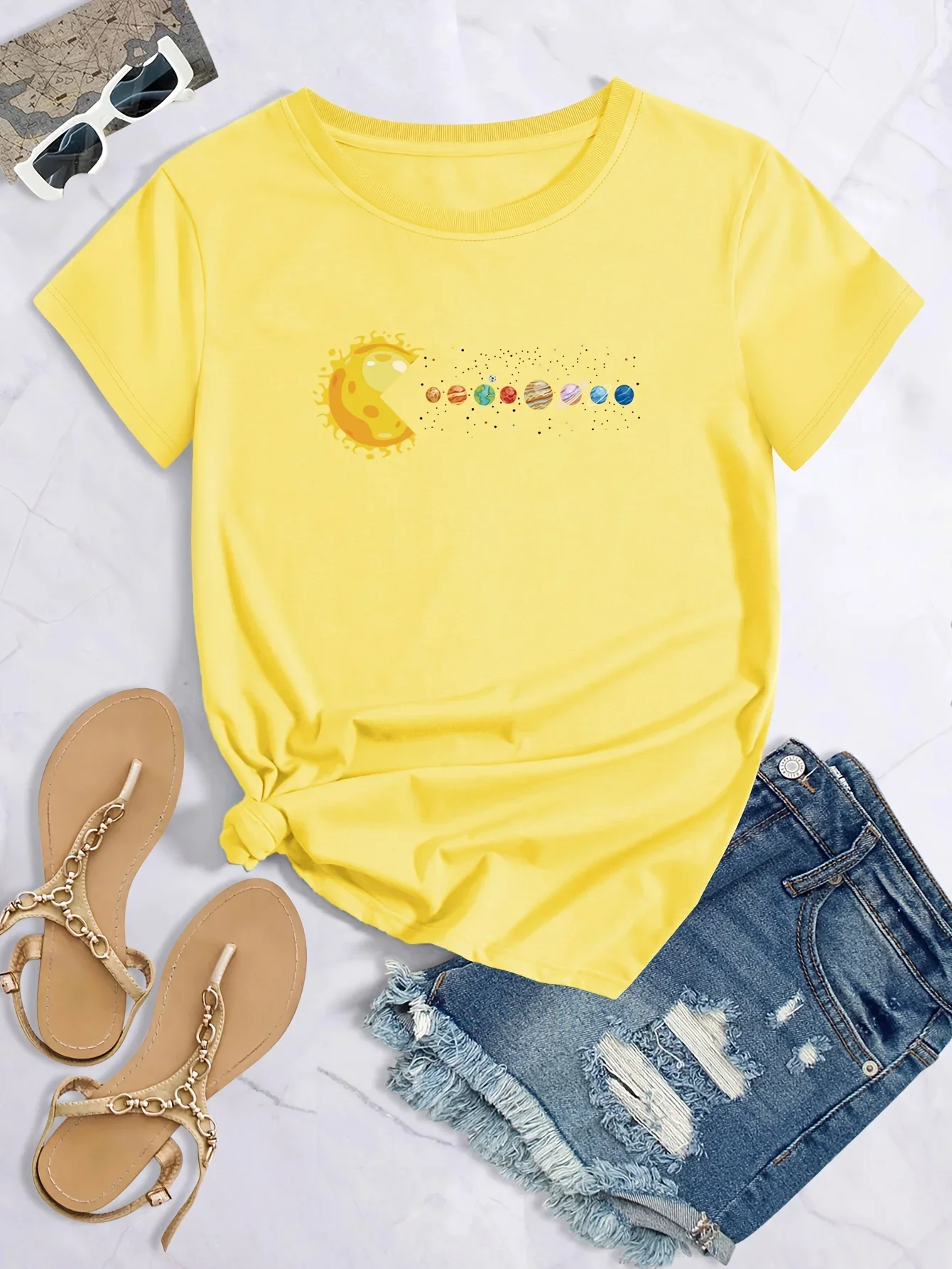 Y2k Short Sleeves Sunmmer T Shirt Solar System Planet Print T-shirts Casual Crew Neck Short Sleeve Top  Women's Cotton Clothing