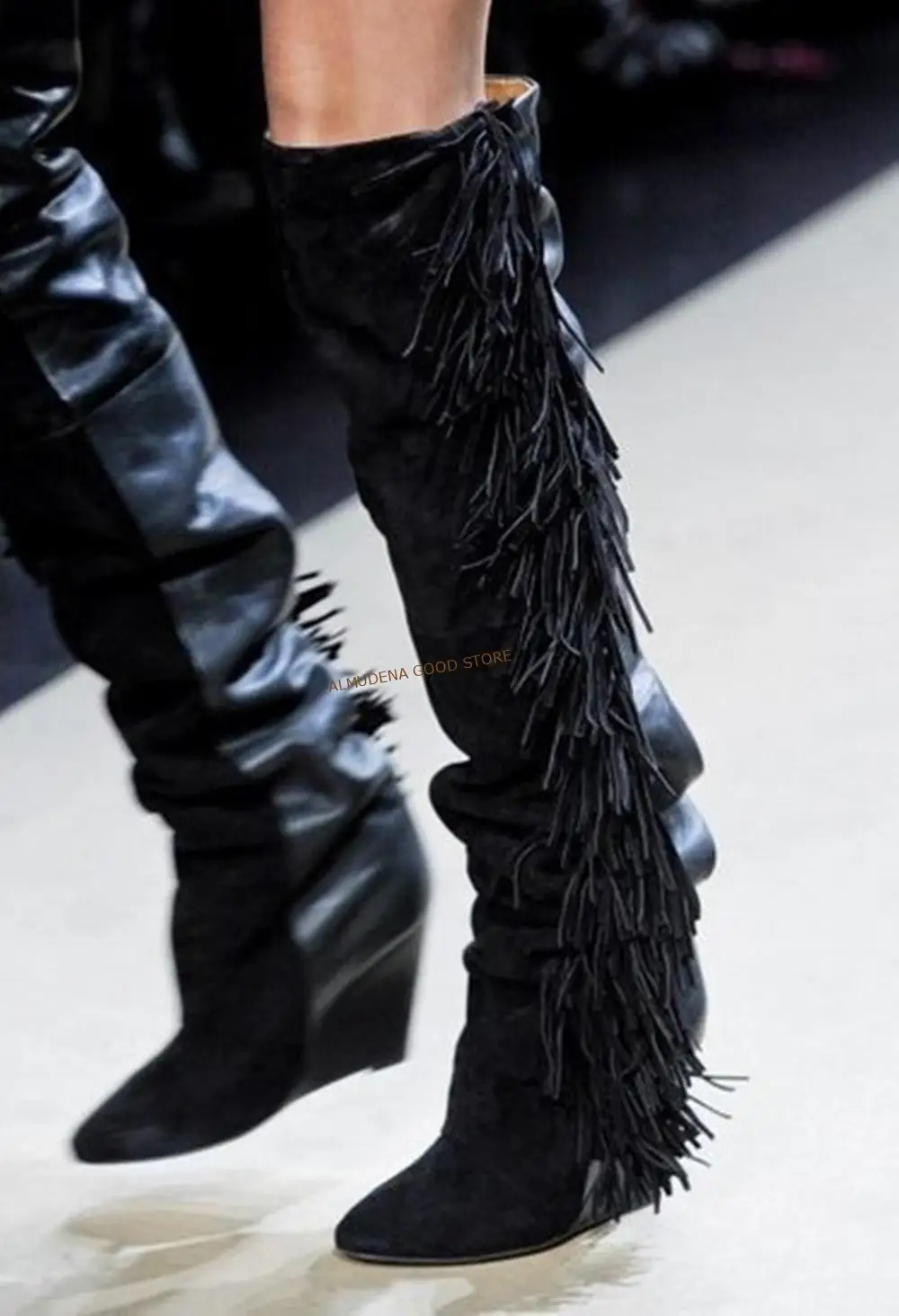 ALMUDENA Women Knee High Suede Fringe Boots Black White Wedged Tall Boots Brand Fashion Women Motorcycle Tassel Boots Dropship
