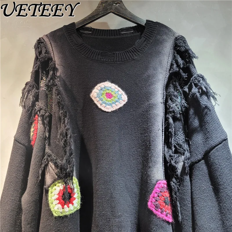 Loose Personality Ethnic Style Sticker Fringed Round Neck Long-sleeved Knitted Sweater Women's Autumn Clothes New Pullover