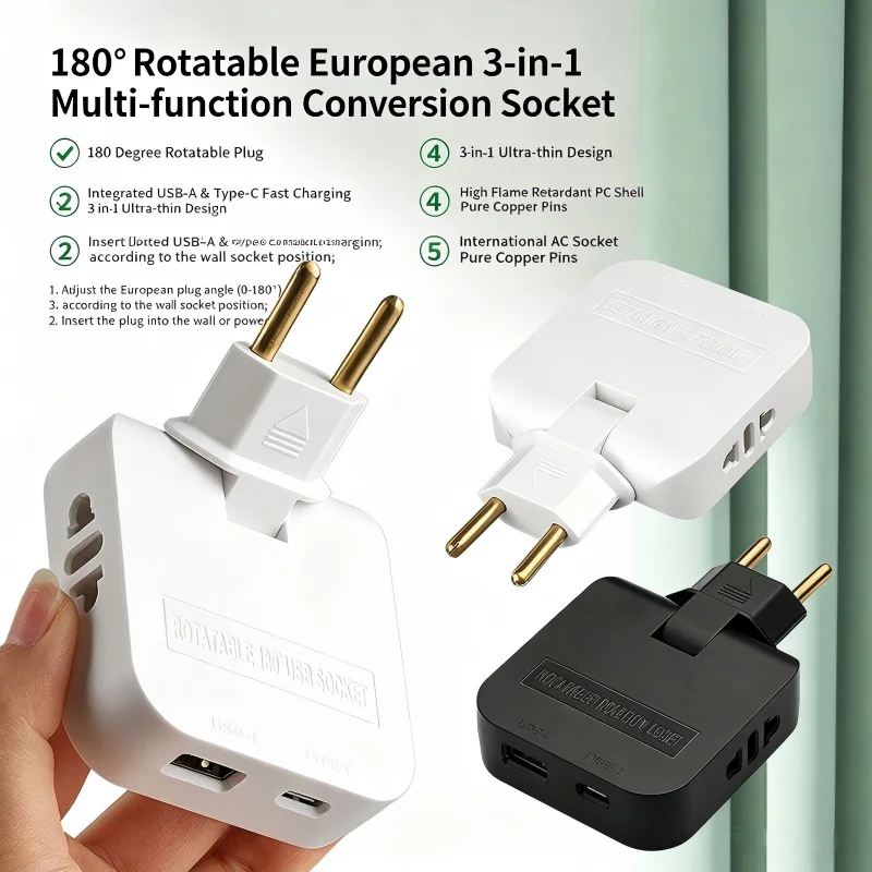 180 °   Adaptador de tomada dobrável 4 em 1 padrão europeu, conversor de energia com porta USB e Tipo-C