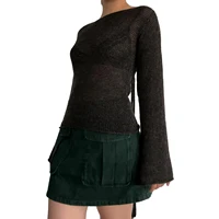 Fashion Women's T-shirt Tie Back Sweaters Long Sleeve Boat Neck Solid Color Knit Pullover Casual Tops Streetwear Y2k Summer Cami - Image 4